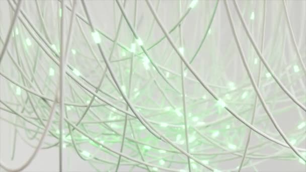 Kaotik Bir Ağda Yumuşak Yeşil Röfleli Birbirine Geçmiş Beyaz Kablolar — Stok video