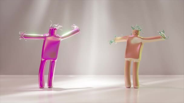 Dua Tokoh Gembira Dengan Rambut Confetti Satu Melambaikan Tangan Dan — Stok Video