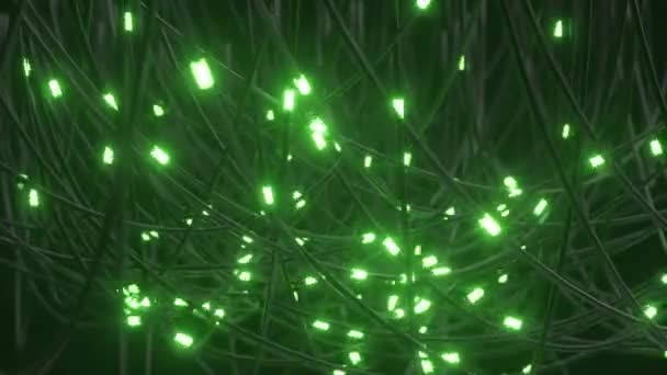 Network Tangled Wires Glowing Green Nodes Suggesting Complex Digital System — Stock Video