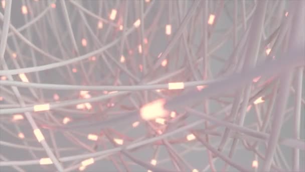 미묘한 분홍색 조명으로 둘러싸인 부드러운 와이어로 고요한 하이테크 네트워크를 만듭니다 — 비디오
