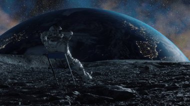 Stunning 3D animation of an astronaut lounging on the moon, Earth's horizon in the backdrop, under a starlit sky. clipart