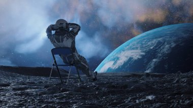 Breathtaking 3D animation of an astronaut relaxing on a chair on the lunar surface, gazing upon Earth in a star-filled sky. clipart