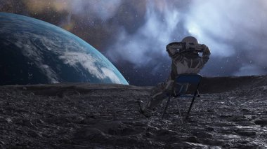 3D animation of an astronaut in repose, Earth looms large in the background, a cosmic ballet of stars twinkles above. clipart