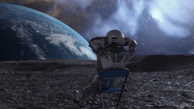 3D animation depicting an astronaut at ease, hands behind head, Earth rising majestically against the cosmos from the moon's surface. clipart
