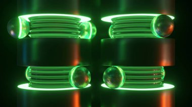 Yansıtıcı küreleri olan parlak neon yapılar karanlık, esrarengiz üç boyutlu animasyon ayarı.