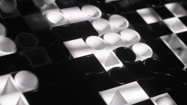 Monokromatik küreler bir dama tahtası, karşıtlıklar ve 3D derinlikte bir çalışma üzerinde asılı durur.