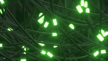 Network of tangled wires with glowing green nodes, suggesting a complex digital system. clipart