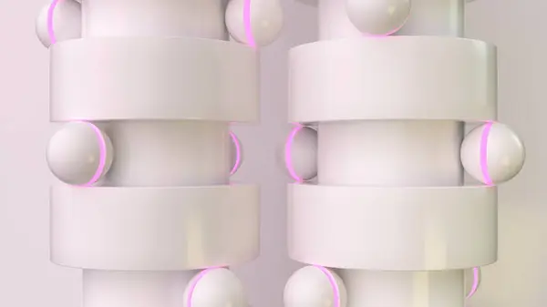 Animacja Matowych Białych Cylindrycznych Struktur Akcentowanych Miękkimi Różowymi Świecącymi Pierścieniami — Zdjęcie stockowe