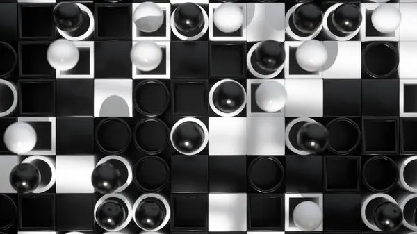 Black and white spheres on a chessboard pattern offer a classic 3D play on light and shadow.