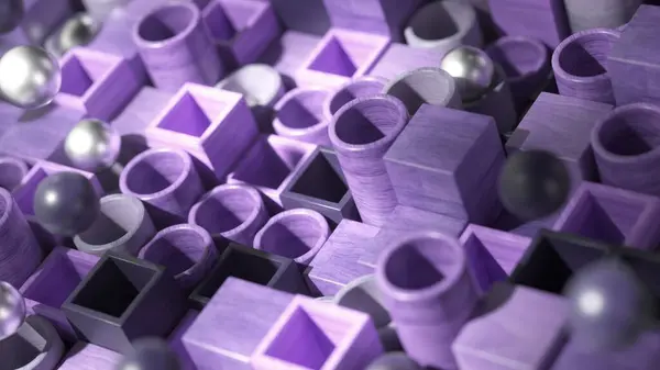 Metallic Spheres Meander Labyrinth Violet Hued Blocks Mesmerizing Animation — Stock Photo, Image