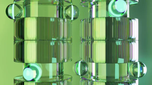 Animação Estruturas Cilíndricas Reflexivas Com Destaques Verdes Neon Cada Embalando Imagem De Stock