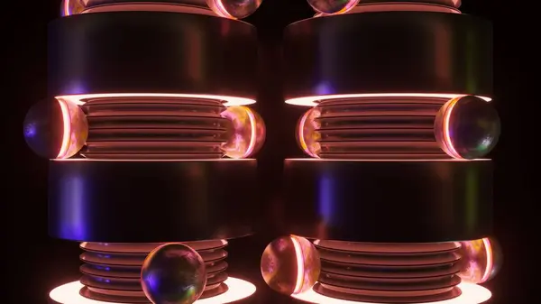 Ілюміновані Металеві Структури Яскравими Орбітами Послідовності Тривимірної Анімації Стокове Зображення