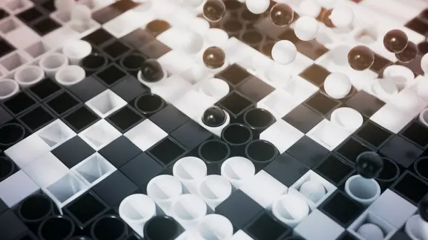Monokromatikus Gömbök Lebegnek Sakktábla Felett Létrehozva Egy Árnyék Fény Játékot Stock Kép