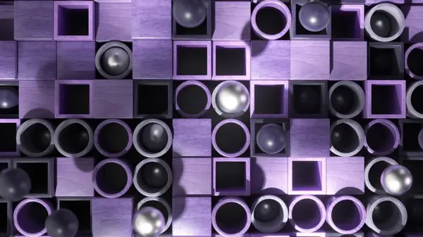 Esferas Prata Cubos Escuros Criam Mosaico Metálico Uma Matriz Roxa Fotografia De Stock