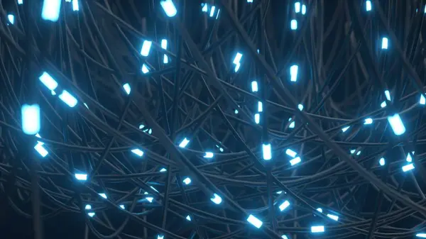 Tangled Ledninger Med Glødende Blått Lys Skaper Komplekst Nettverk stockbilde