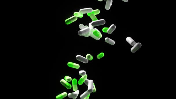 绿色和白色胶囊在黑暗的背景下在3D中飘扬 凸显了医学主题 — 图库视频影像
