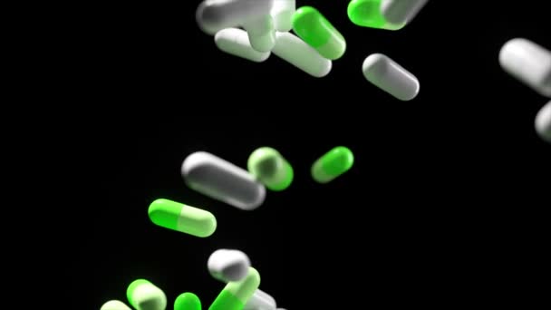 Zielone Białe Kapsułki Pływają Ciemnym Tle Podkreślając Medyczny Motyw — Wideo stockowe