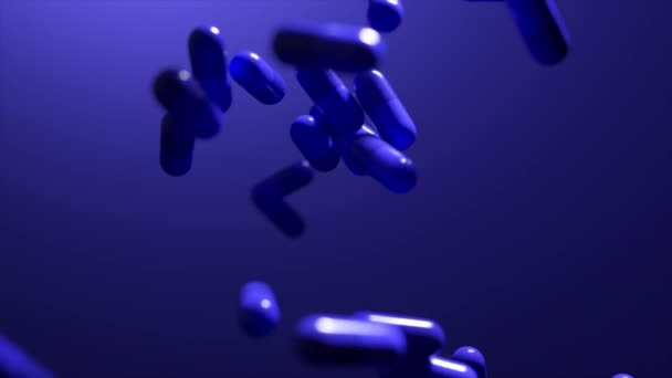 Μια Ροή Από Μπλε Φαρμακευτικές Κάψουλες Χύνονται Ένα Φόντο Που — Αρχείο Βίντεο