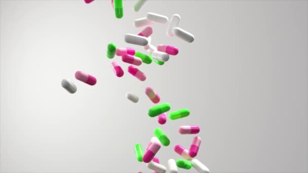 Kapsułki Lecznicze Kaskadowe Tle Symbolizujące Scenariusz Przedawkowania Sektorze Farmaceutycznym — Wideo stockowe
