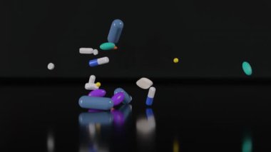 Siyah arka plana düşen çeşitli haplar. İlaçlar, haplar, antibiyotikler, vitaminler, sağlık hizmetleri, ilaç endüstrisi, uyuşturucu kullanımı, ilaç konsepti. 3d Canlandırma