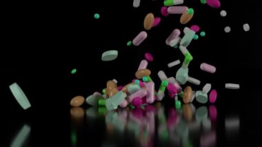 Siyah arka plana düşen çeşitli haplar. İlaçlar, haplar, antibiyotikler, vitaminler, sağlık hizmetleri, ilaç endüstrisi, uyuşturucu kullanımı, ilaç konsepti. 3d Canlandırma