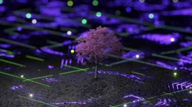Karanlık bir yüzeyde parlayan mor dijital çizgilerin ortasında duran yalnız bir ağaç, doğanın teknolojiyle buluşmasını simgeliyor..