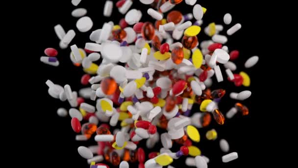 Řada Pilulek Kapslí Vzdorovat Gravitaci Tmavém Pozadí Symbolizující Zdraví Lékařské — Stock video