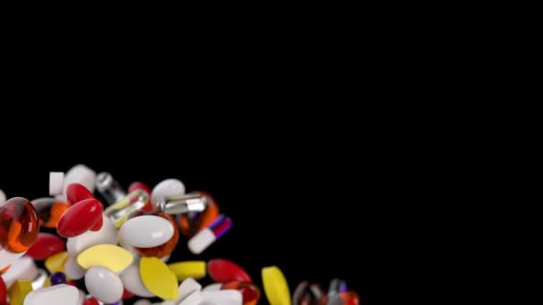 Řada Pilulek Kapslí Vzdorovat Gravitaci Tmavém Pozadí Symbolizující Zdraví Lékařské — Stock video