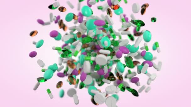 Capsules Pills Scatter Zero Gravity Light Backdrop Metaphor Pharmacy Health — Stock Video