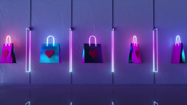 Eine Animierte Sequenz Mit Einkaufstüten Mit Neonkonturbeleuchtung Die Von Lebendigen Videoclip