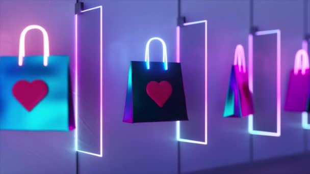 Shopping Tassen Met Hart Symbool Neon Tinten — Stockvideo
