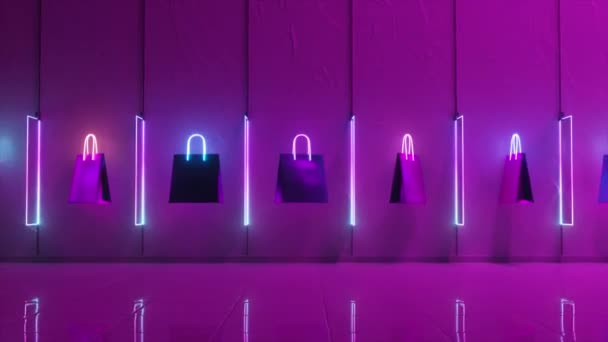 Animowana Scena Torbami Zakupy Neonowym Oświetleniem Konturowym Przechodząca Dźwięków Dźwięcznych — Wideo stockowe
