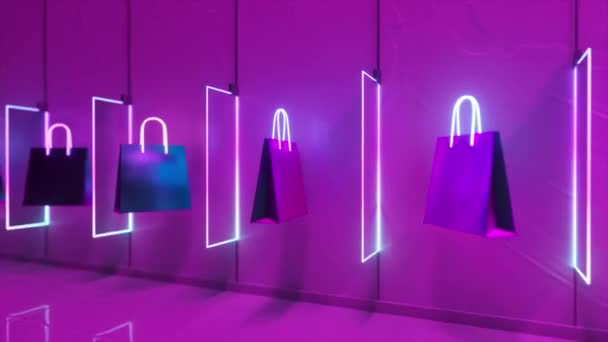 紫色背景下的霓虹灯购物袋系列 — 图库视频影像