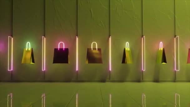 Die Animation Zeigt Eine Galerie Von Einkaufstüten Mit Leuchtenden Umrissen — Stockvideo