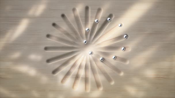 Beeindruckende Animation Bunter Chromkugeln Die Sich Auf Einer Dunklen Holzoberfläche Stockvideo
