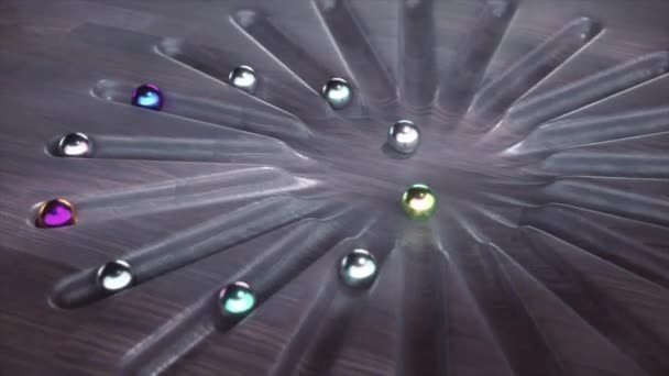 Elegante Animazione Con Dispersione Radiale Sfere Cromate Una Superficie Legno — Video Stock
