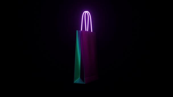 Neon Beleuchtete Grüne Einkaufstasche Auf Dunklem Hintergrund Videoclip