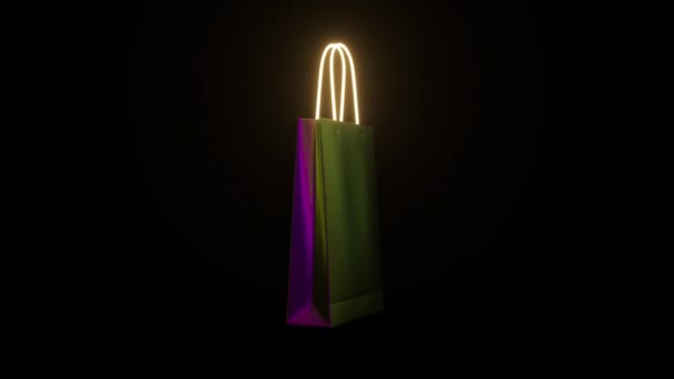 Lila Glänzende Einkaufstasche Mit Neongelben Griffen — Stockvideo