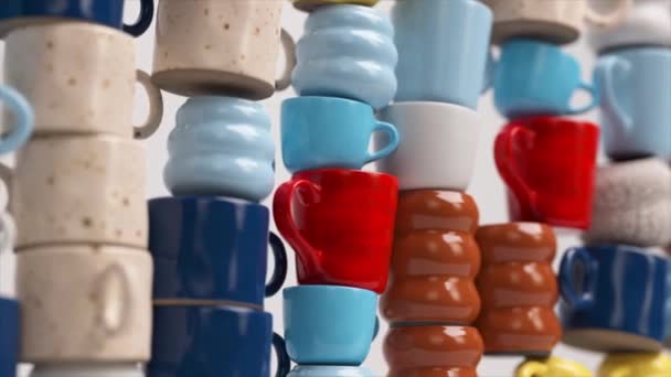Крупный План Сложенных Красочных Кофейных Кружек Рендеринг — стоковое видео