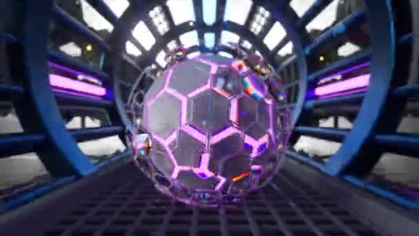 Schillernde Sechseckige Kugel Einem Blauen Science Fiction Tunnel Stockvideo