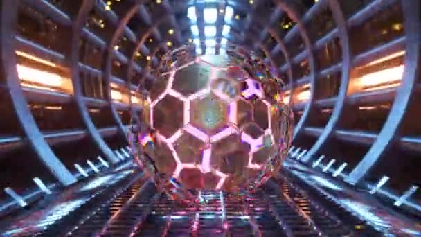 科幻隧道内具有六边形图案的未来主义三维球体 — 图库视频影像