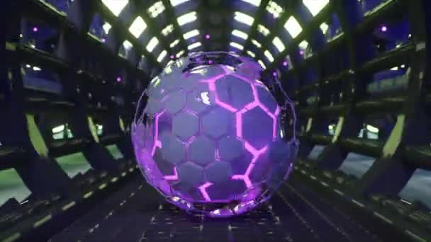 Фиолетовая Светящаяся Шестиугольная Сфера Футуристическом Туннеле — стоковое видео