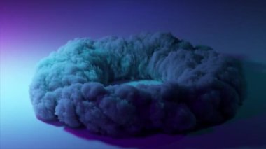 Üç boyutlu soyut sanat animasyonu. Parlayan neon ışıklı patlayıcı bir duman yapısı.
