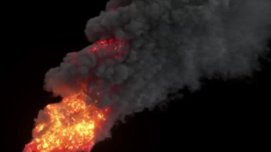 Yanardağ patlamasının 3 boyutlu dramatik yansıması. Parlayan lav ve yoğun dumanla karanlık bir zemin üzerinde.