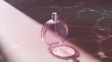 Zarif bir 3D parfüm şişesi yansıtıcı pembe bir yüzey üzerinde yumuşak ışıklandırma ve ince bir gölge