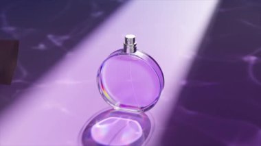 Dinamik ışıklandırma ve yansıma ile canlı mor dalgalı bir yüzey üzerindeki bir parfüm şişesinin modern 3D görüntüsü