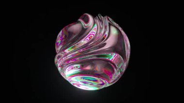 Üç boyutlu soyut sanat animasyonu sürreal cam küre ya da top ile deformasyon dönüşümü sürecinde izole edilmiş siyah bir arkaplan üzerinde dağılım prizmasının etkisiyle