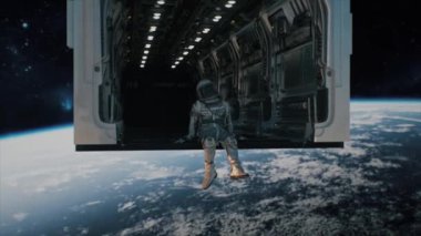 3D animasyon astronotu Dünya 'nın üzerindeki bir uzay aracının kapısında dinleniyor.