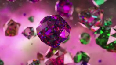 Zümrüt yeşili ve yumuşak pembe arka planda çok renkli elmasların canlı 3D animasyonu