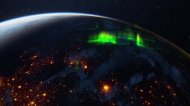 Gecenin 3D görüntüsü. Aurora Borealis ve uzaydan gelen şehir ışıkları.